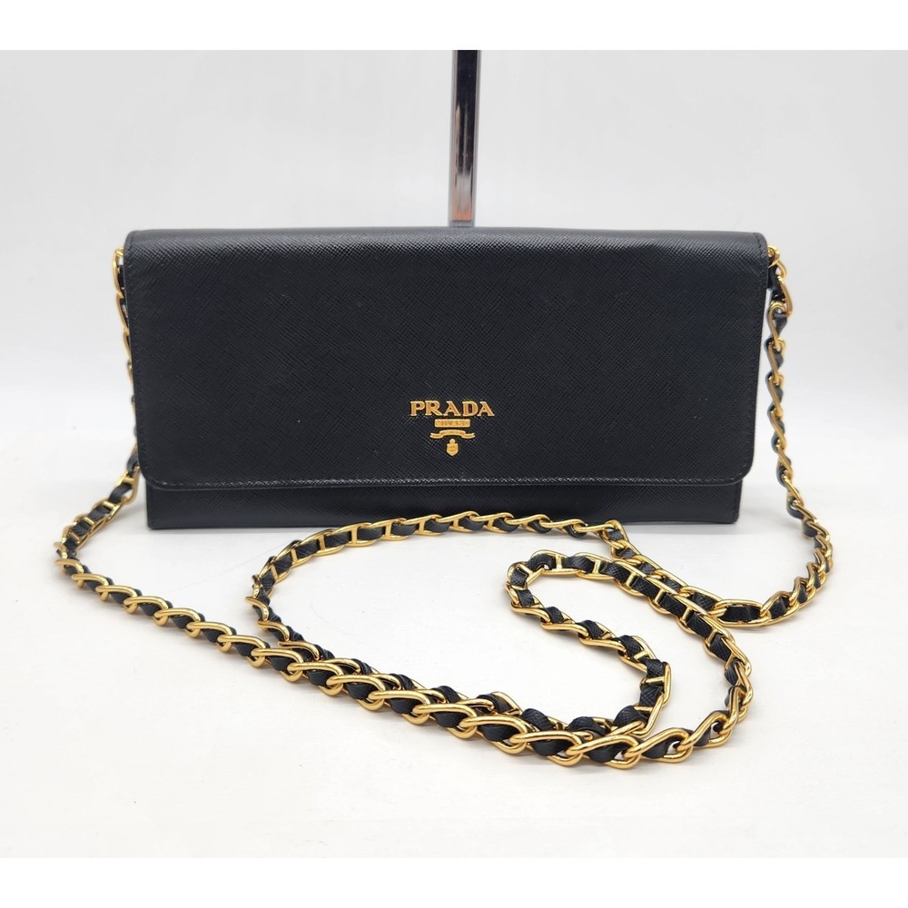❤️SOLD❤️WITH CERTIFICATE - Prada Saffiano Metal Oro Chain Wallet 507PRAXBFC